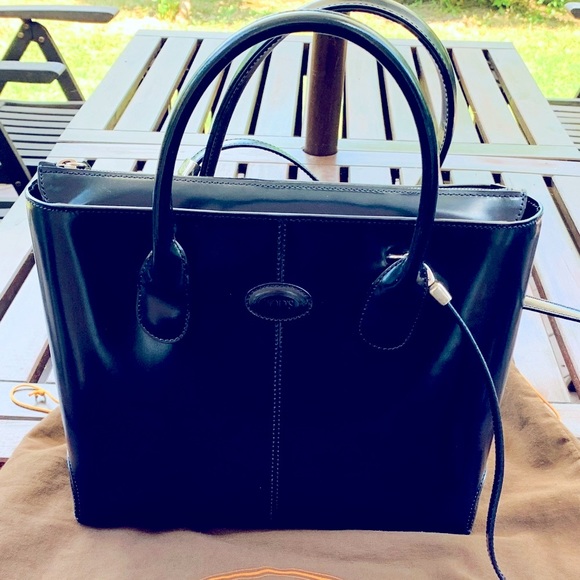 Italian Tod’s iconic D-bag large tote shoulder bag shiny real leather navy blue - Picture 8 of 16
